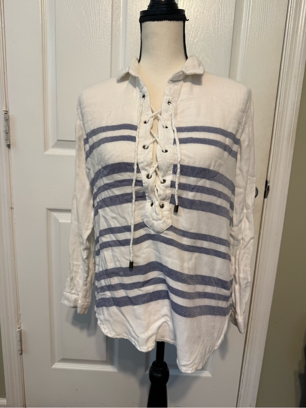 Vintage Havana White Button-Down with Blue Stripes and Lace-Up Front